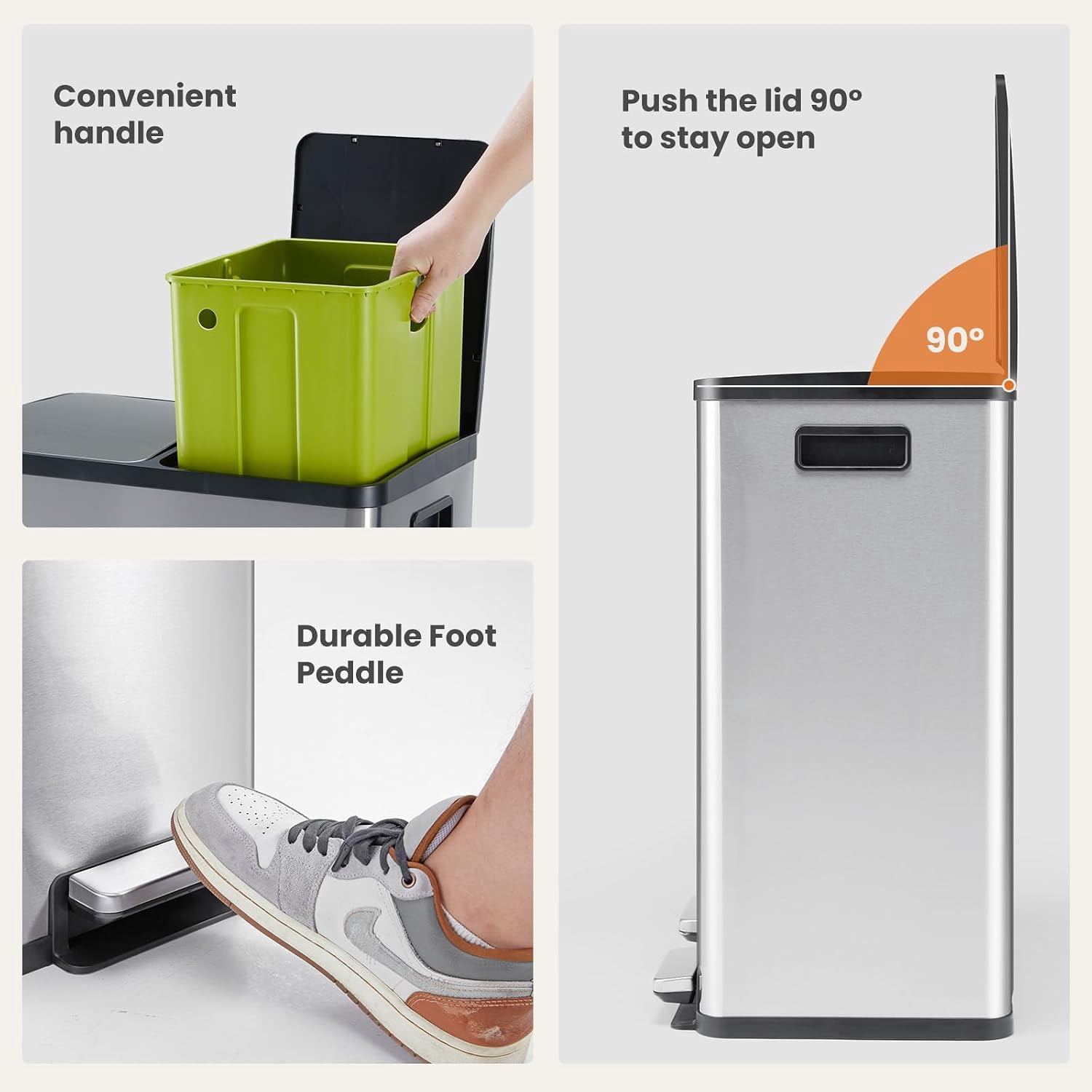 Dual Trash and Recycling Bins for Kitchen, 2x8-Gallon Dual Trash Can with Lid, Stainless Steel Garbage Bin with 2 Removable Inner Buckets, for Kitchen, Home, Silvery