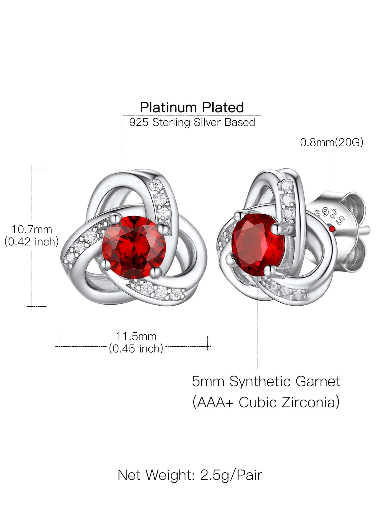 Suplight 925 Sterling Silver Love Shape Knot Birthstone Stud Earrings for Women Gifts Sparkle Round Cut