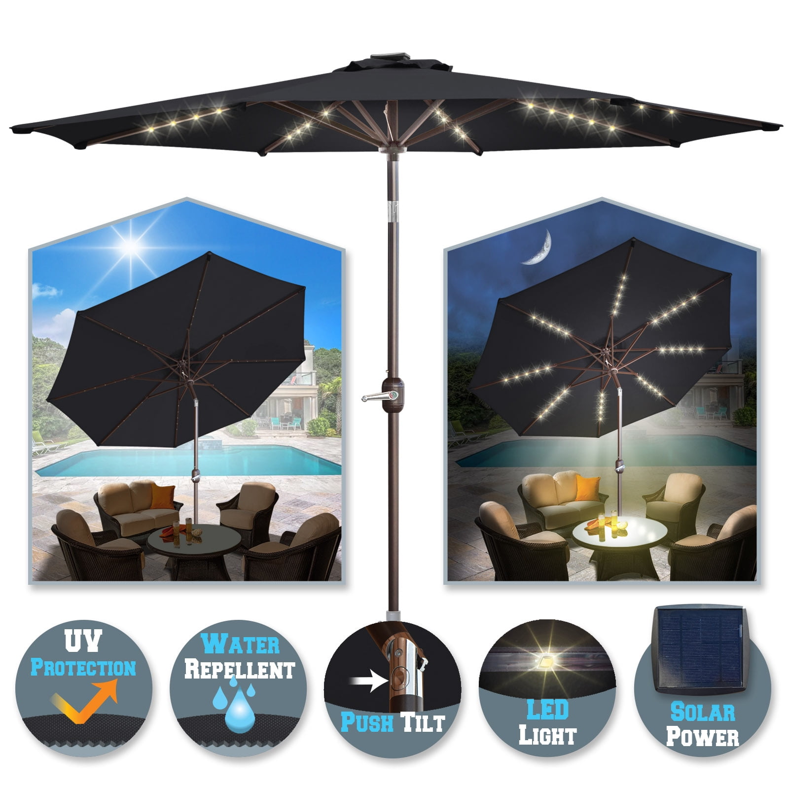 9FT Patio Solar Powered Umbrella 40 LED Lights Tilt Sunshade 