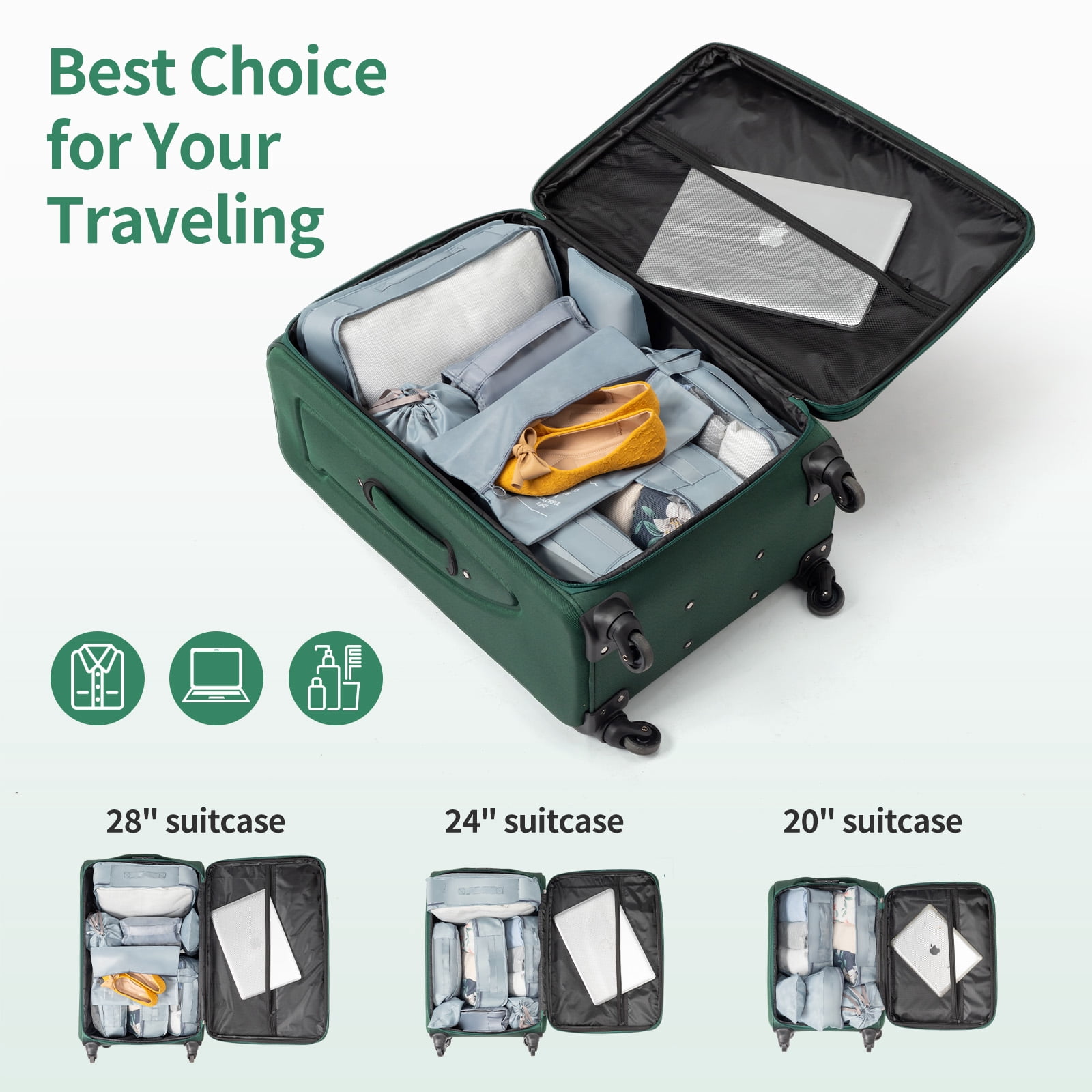 Ktaxon 3-Piece Softside Luggage Set With 8 Set Pcaking Cube TSA Lock, 360° Spinner Wheels Green