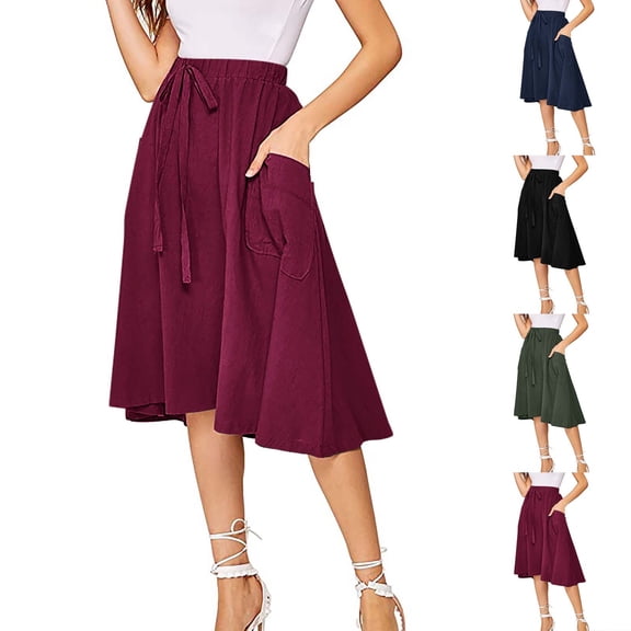 qolati Skirts for Women Casual High Waist A-Line Midi Skirt Stretchy Loose Fit Solid Pleated Swing Party Skirt with Pocket