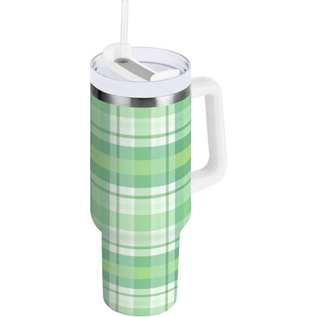 

40 oz Tumbler with Handle Lid and Straw Insulated Water Tumbler Stainless Steel Water Cup Mug Bottle Reusable Cup Holder Friendly Green Plaid