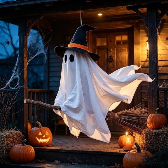 Clearance Under $9 Halloween Flying Ghost on Broomstick Hanging Prop with Lights