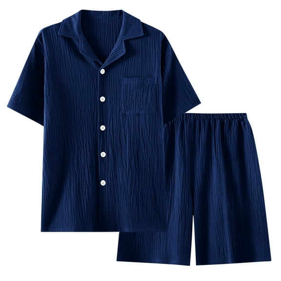 Bovxnpu Men Pajamas Sets Button-Down Sleepwear Summer Lapel With Pocket Short Sleeve Shorts 2-Piece Sleepwear