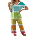 thumbnail image 5 of qucoqpe Comfy Lounge Sets for Women Short Sleeve V-Neck Tops and Striped Print Wide Leg Pants Loose Capri Pajama Set, 5 of 5