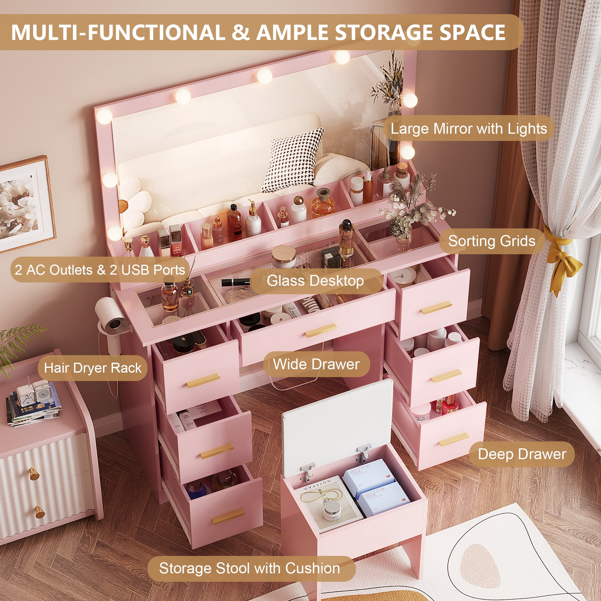 Vanity Desk with 38" Large Mirror and 9 LED Lights & Glass Top and Power Outlet, Adults Makeup Vanity with Chair and 7 Storage Drawers, Dressing Table Set for Bedroom, Modern Pink