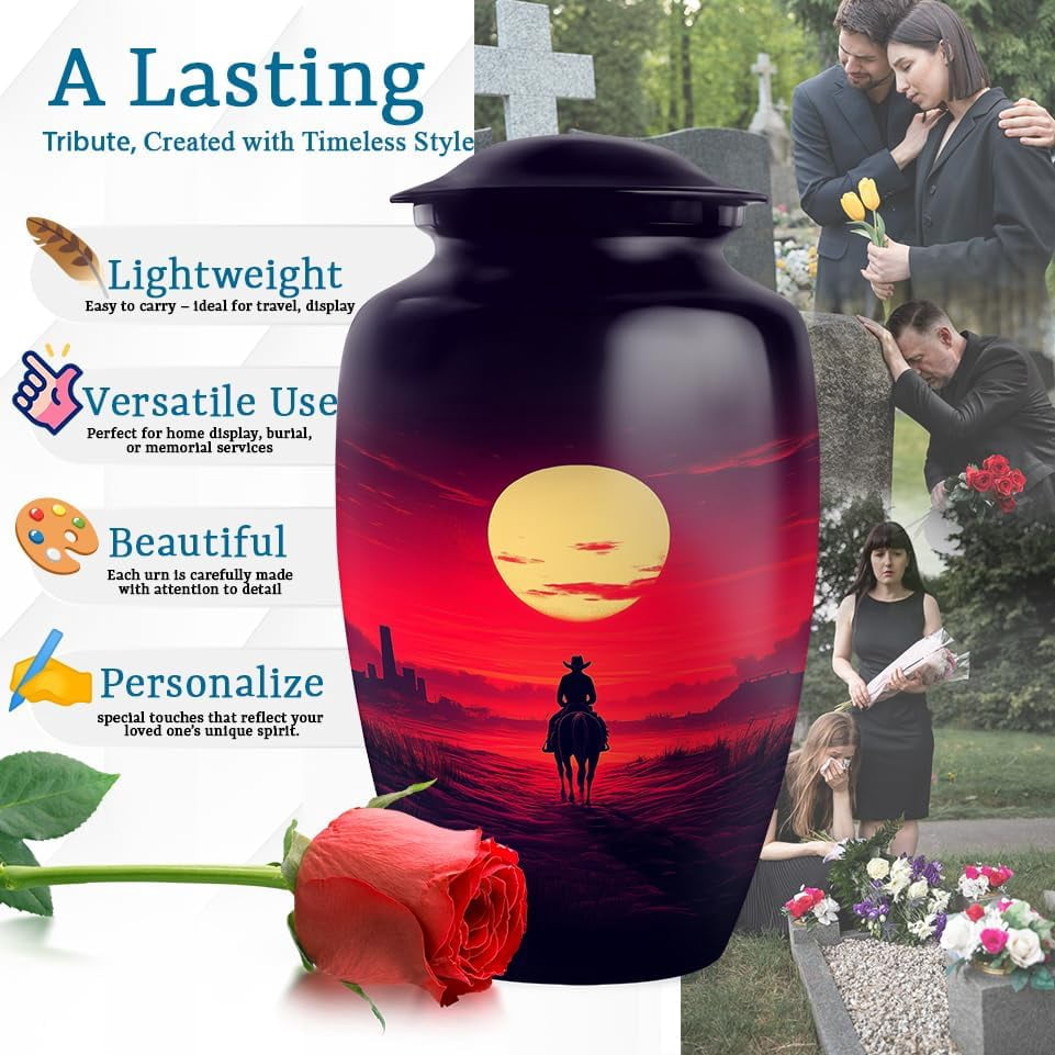 Cowboy Cremation Urn, Western Memorial Urns For Ashes Adult Male, Horseback Tribute Cremation Urn For Human Ash, Cremation Urns For Ashes Adult Female, Size 6 Inch 1pcs