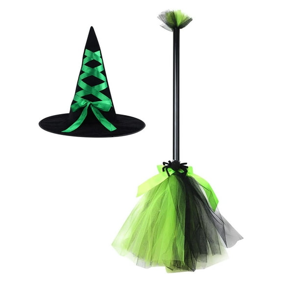 DAMAI Halloween Witch Broom Hat, Witch Broomstick Wide Brim Hat for Halloween Dress up Accessories, Holiday Costume Haunted House Decoration Dance Party Supplies, Home Party Decor, Green