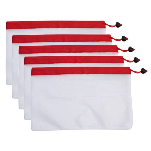 MOPOOR 5 Pcs Sacs en Maille Transparents Réutilisables à Code-Barres Numérisables Sécuritaires pour Aliments avec Cordon de Serrage pour Fruits, Légumes, Aliments, Jouets, Rangement d'Épicerie, Grand Moyen Petit