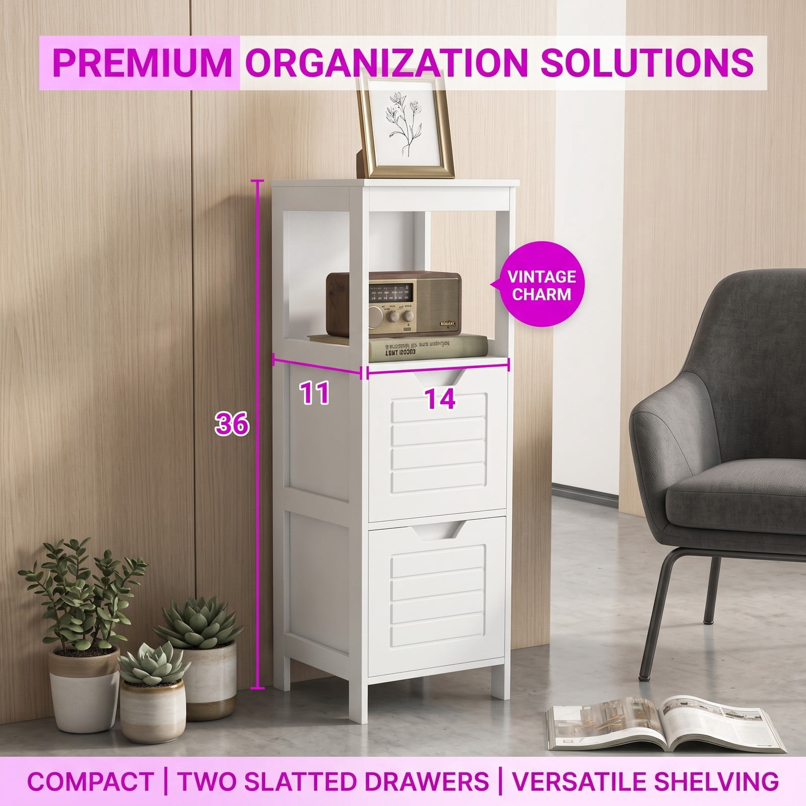 ALPULON Floor Cabinet Multifunction Storage Rack Stand Organizer, Freestanding Bathroom Storage Cabinet with 2 Drawers and 3 Open Shelves for Living Room, White