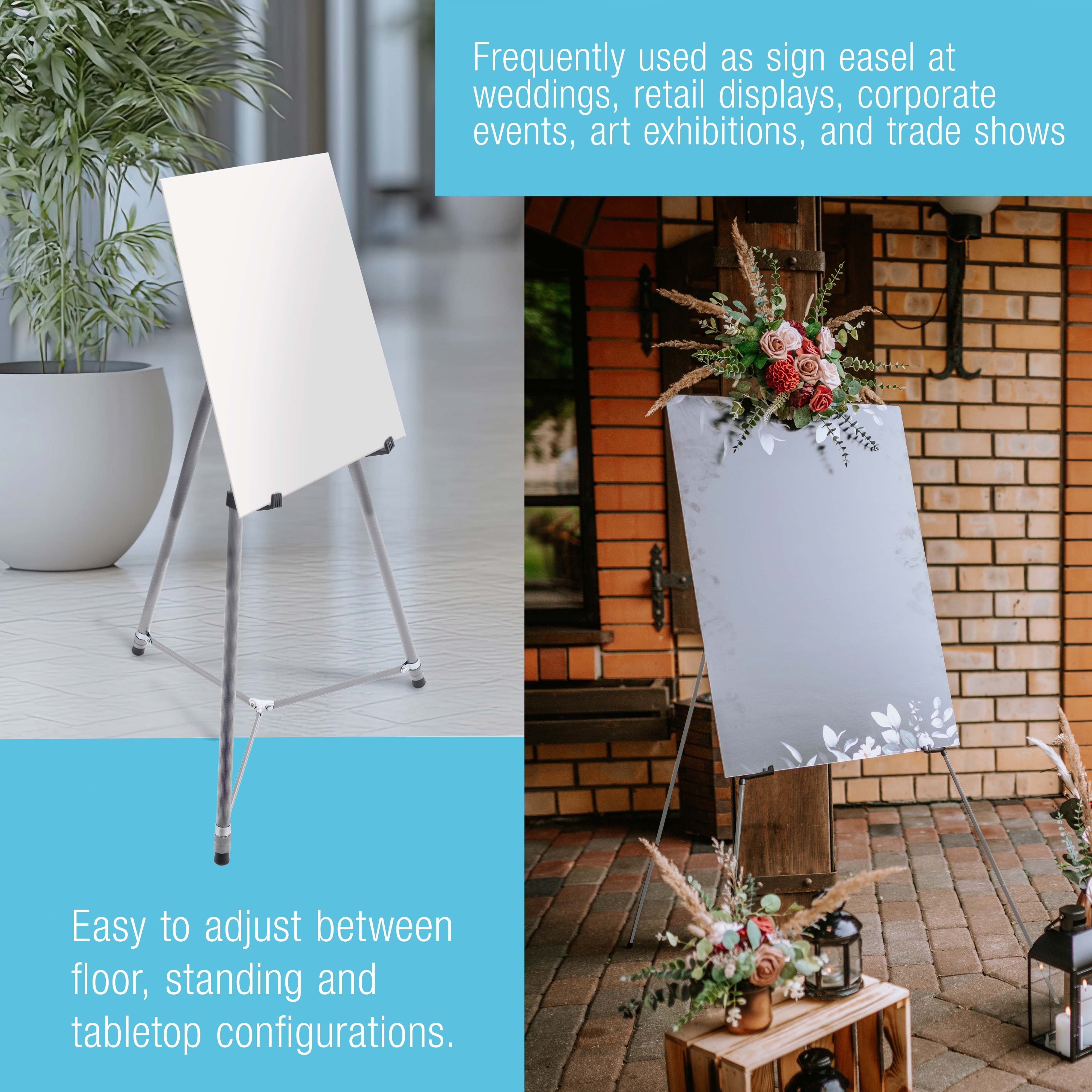 U.S. Art Supply 66" High Gallery Silver Aluminum Display Easel (Pack of 4), Adjustable Floor Tabletop Presentation Stand
