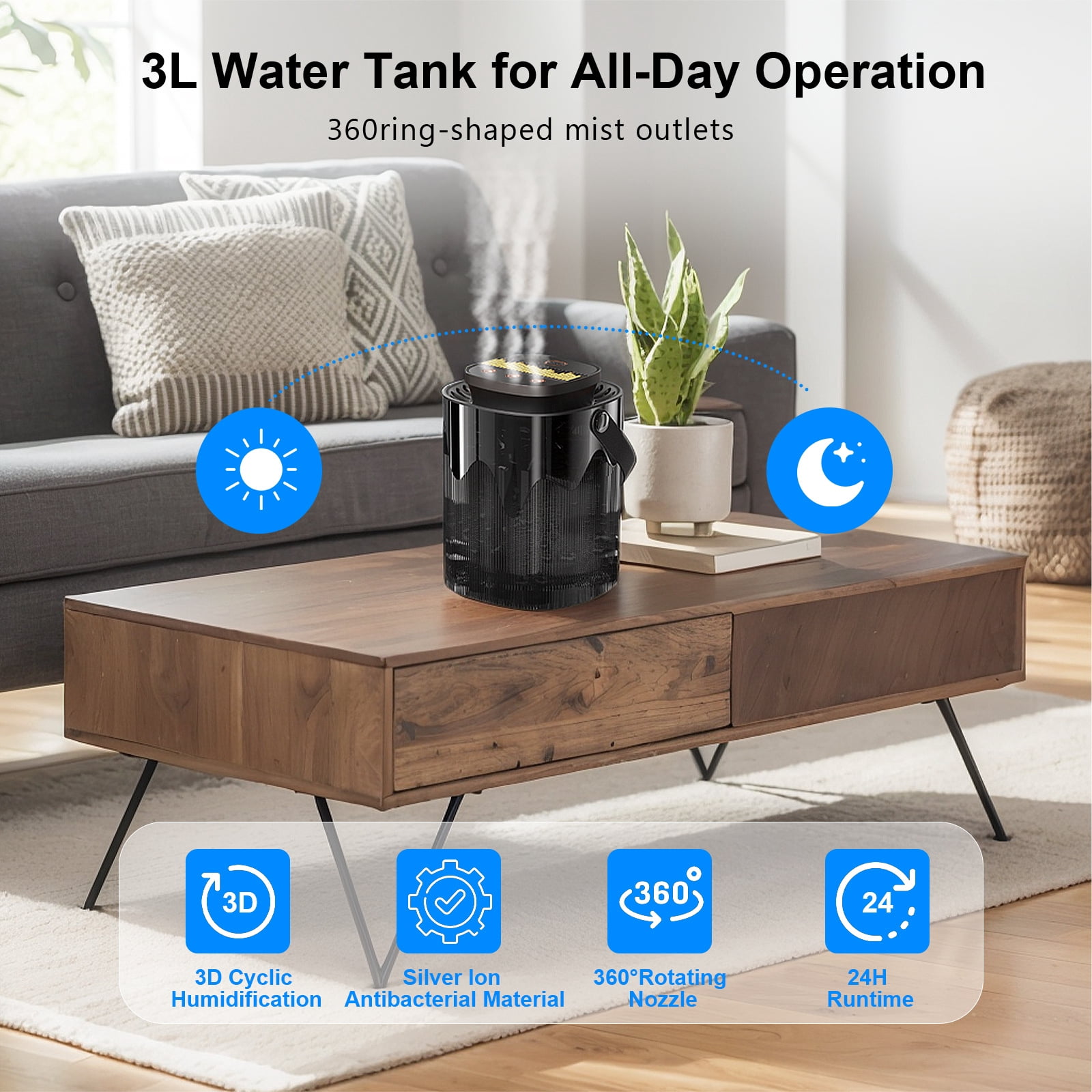 RAPOBRIX 3L Cool & Warm Mist Ultrasonic Humidifier for Bedroom - Quiet Top Fill with Essential Oil Diffuser