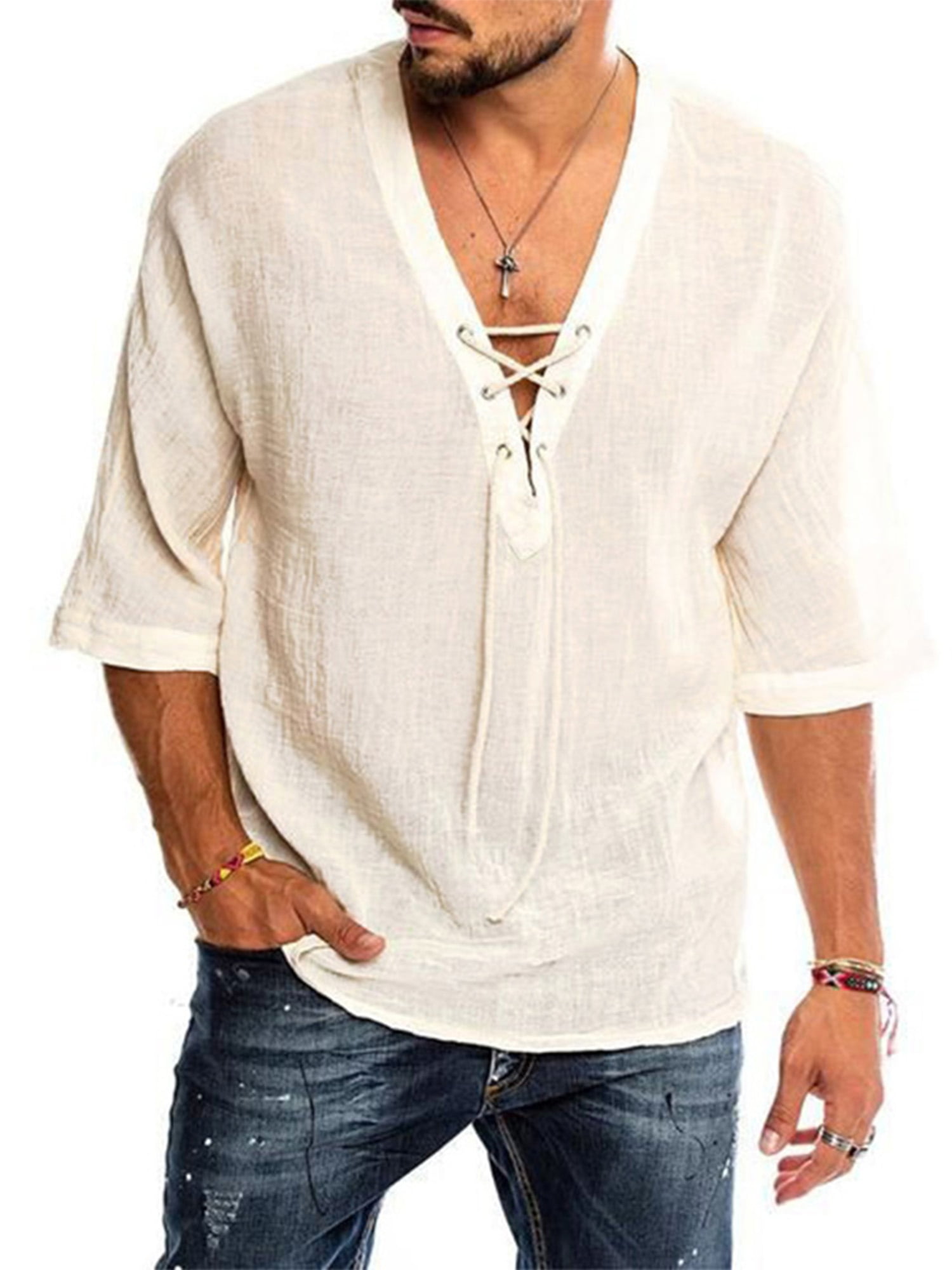 PURE COTTON Mens White Shirt 100% Cotton Casual Hippie Shirt V-Neck Drawstring Short Sleeve Beach Yoga Top 