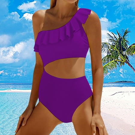GZWYHT Bathing Suit for Women Tankini Swimsuits for Women Women Cutout Swimsuits One Shoulder Ruffle Cut Out Bathing Suit Swimwear Monokini 2025 Womens Swimsuits Bikini Sets for Women Purple L