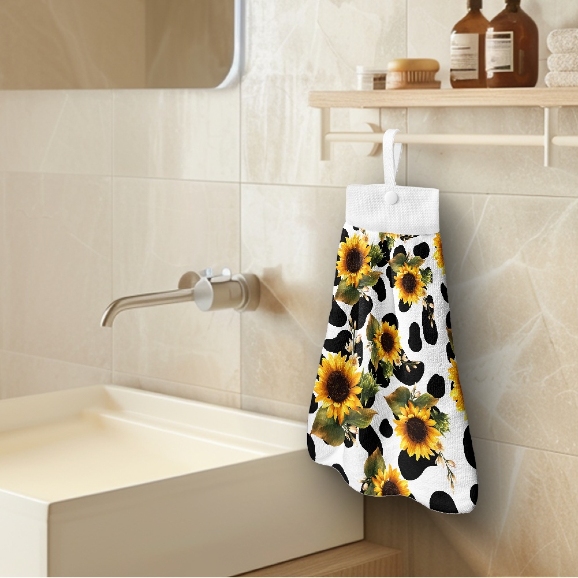 SEANATIVE Sunflower Hand Towels for Bathroom Cow Print Hanging Hand Towels for Kitchen 3 Pcs Portable Hand Tie Towel Decorative Fast Drying Fingertip Towel with Hanging Loops Buttons