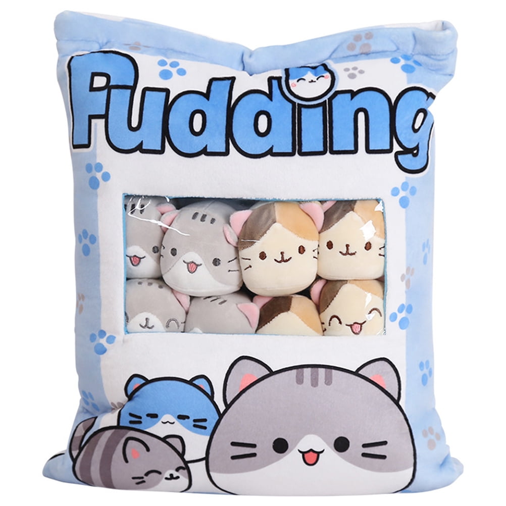 Snack Bag Stuffed Plush Cute Hugging Pillow with 8 Mini Plush Toys Removable Stuffed Animal Dolls Kawaii Plushies Decorative Throw Pillows for Adults Kids Blue Pudding 
