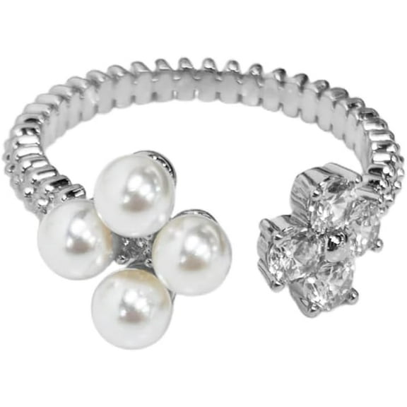 Dainty Pearl Flower Ring for Women Adjustable Open Statement Band Sparkling Cubic Zirconia Simulation Pearl Elegant Engagement Promise Ring Wedding Cocktail Party Jewelry