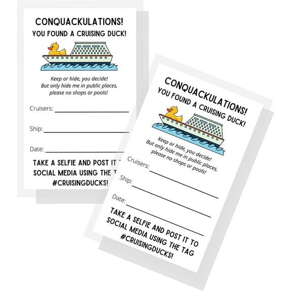 Boutique Marketing LLC Cruising Ducks Tag  50 Pack  Carnival Rubber Cruising Duck Tag  Printed Physical Tags 2 x 3.5 In inches Business Card Size  #CruisingDucks ConQuackulations