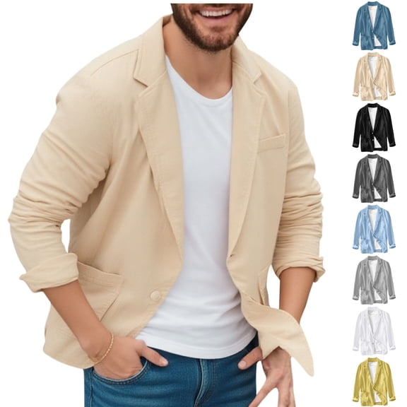 Fmbrln Men's Solid Color Cotton Linen Blazer Button Up Long Sleeve Notched Lapel Suit Jacket Casual Lightweight Sport Coat with Pockets Beige 2XL
