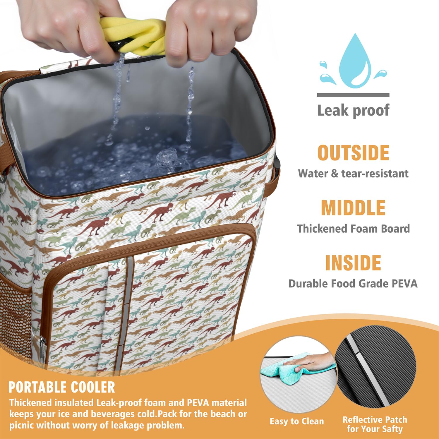 Travel Cooler Bag - White Cartoon Colorful Dinosaurs Pattern Camping Beer Cooler Backpack with Bottle Opener- Waterproof Insulated Picnic Backpacks - Cooler Bag for Beach