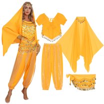 TiaoBug Women India Belly Dance Costume Lanterns Sleeves Top Pants Hip Scarf Head Scarf 4Pcs Yellow One Size
