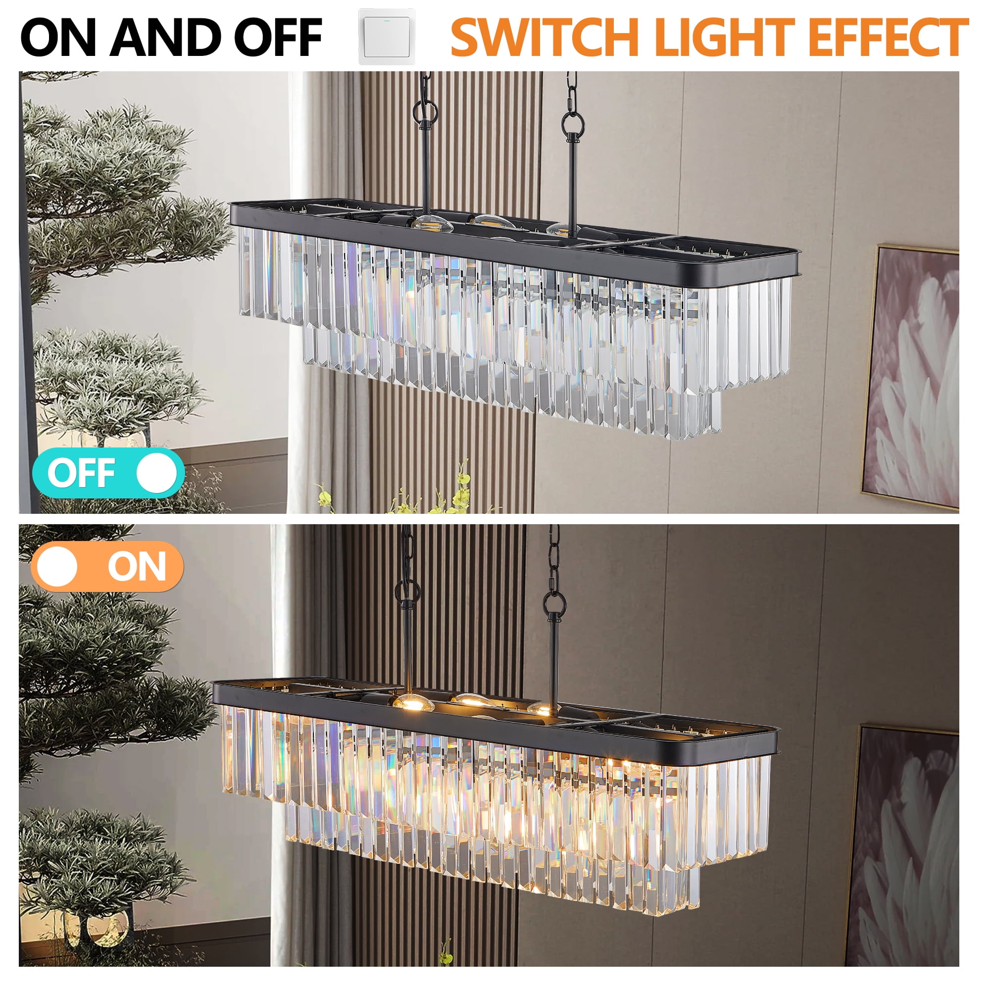 Crystal Chandelier, 11-Light 33.5in Black Modern Farmhouse Chandeliers Dining Room Lighting Fixture, Adjustable Rectangle Hanging Ceiling Light for Living Room,Pool Table Light, Kitchen Island