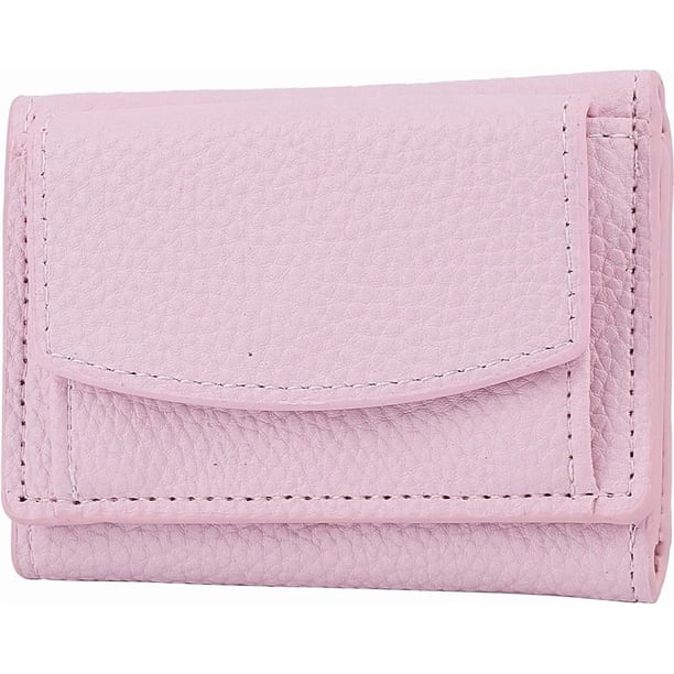 Carteras de cuero sintético rosa para mujer, billetera triple, mini billetera rectangular con bolsillo y botón a presión, billetera compacta con ranura para efectivo y tarjeteros.