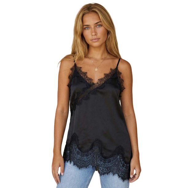 Camiseta de tirantes larga de satén para mujer, ideal para el verano, con tirantes finos, bajo festoneado y ribete de encaje.