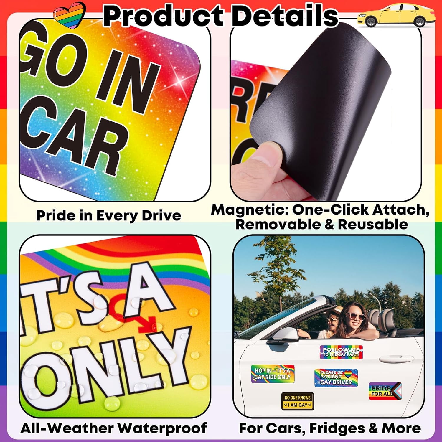 16PCS Funny Pride Gay Car Bumper Magnets: Bulk Magnetic Rainbow Decals Decorations for LGBT Parade Decor, Refrigerator, Truck, Prank Gift Ideas