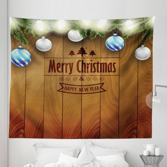 Christmas Tapestry, Wooden Setting with Grey Balls Setting and Pine Tree Twigs Wishes Theme, Fabric Wall Hanging Decor for Bedroom Living Room Dorm, 5 Sizes, Brown, by Ambesonne