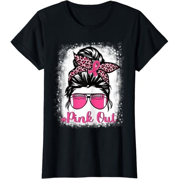 Bleached Pink Out Football Mom Messy Bun Pink Breast Cancer T-Shirt