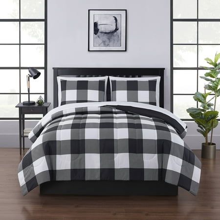Mainstays Black and White Buffalo Check 8 Piece Bed in a Bag Comforter Set with Sheets, Full