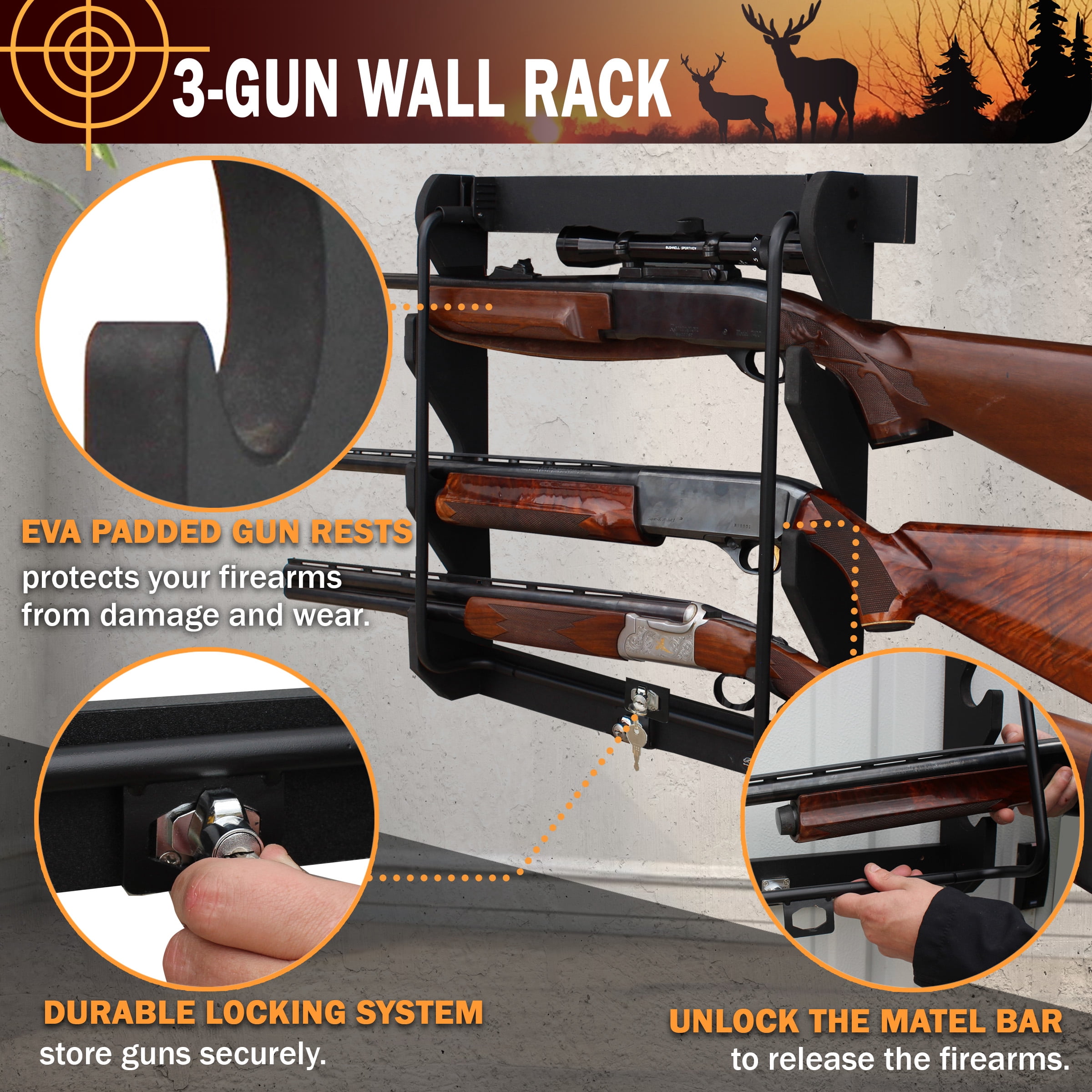 Rush Creek Creations Wall Gun Rack, 5 Gun Capacity, Metal Storage Display Rack