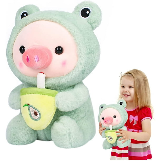 Animal de peluche (sudadera con capucha de rana) almohada de peluche de cerdo de 9.8 pulgadas, muñeco de peluche de dibujos animados verde suave reversible, cerdos, bebida, té Boba, juguete de peluche JFHHH pequeña