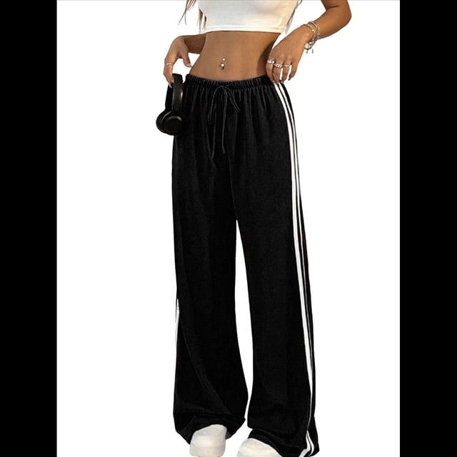 Pantalones Deportivos Holgados de Pierna para Mujer, Tiro Bajo, Estilo Y2K, con Cordón Ajustable Negro S