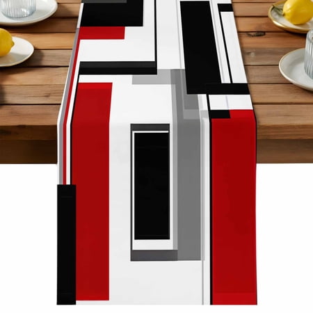 Abstract Space Design Sense Table Runner Red Black Stitching Suqare Cotton Linen Table Cloth Tablerunner for Kitchen Dining Party Wedding Home Decor 13x60 Inch
