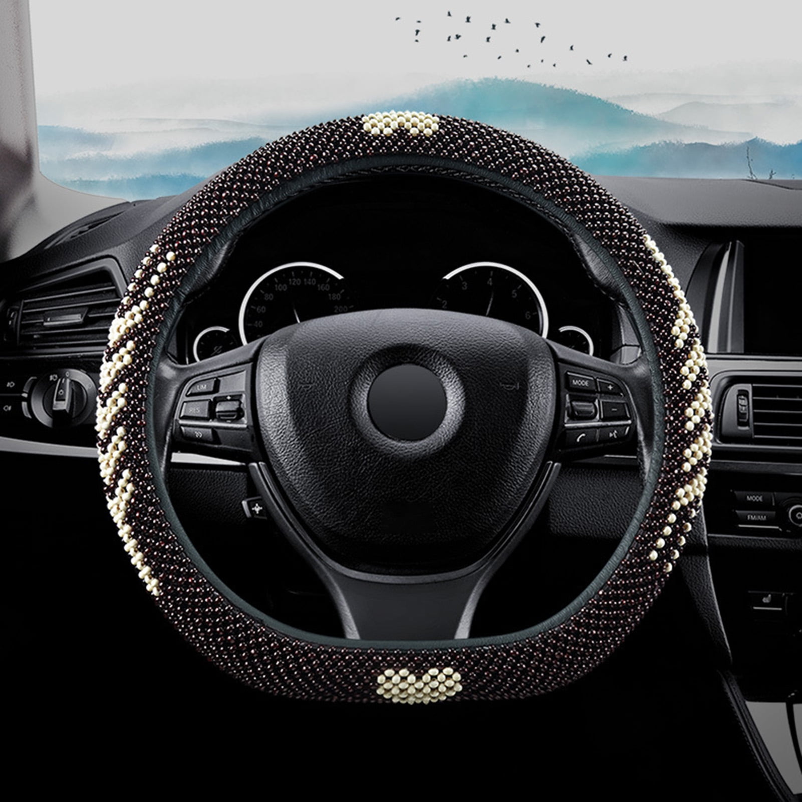 Happy Date Car Steering Wheel Cover,Delicate Workmanship Breathable Beaded Anti-Skid Perfect Decor Comfortable Grip Wooden Bead Steering Wheel Cover for Automobiles