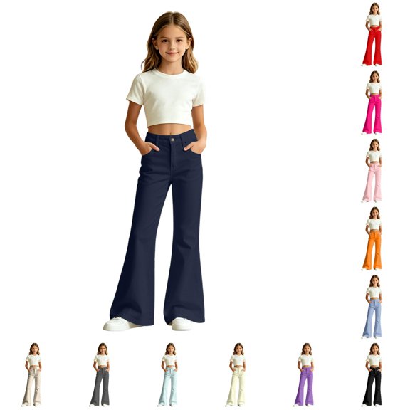 Vividxx Girls Flare Pants Bell Bottoms With Pockets Kids Soft Solid Color Casual Trousers For Little Girls Everyday Comfort Fashion 5-6 Years
