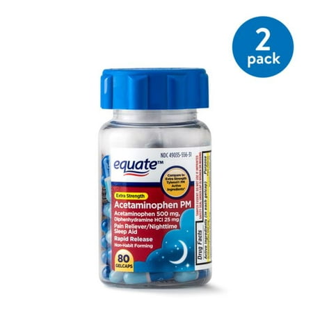 (2 Pack) Equate Extra Strength Acetaminophen PM Rapid Release Gelcaps, 500 mg, 80