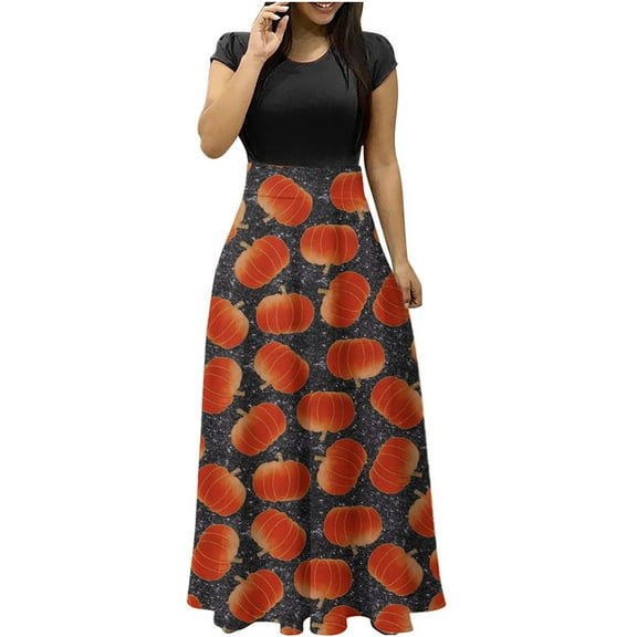 QLEICOM Women Short Sleeve Long Dress, Halloween Pumpkin Bat Blood Spider Web Print Long Dress, Vintage Beach Loose Casual Maxi Dress with Pockets I L