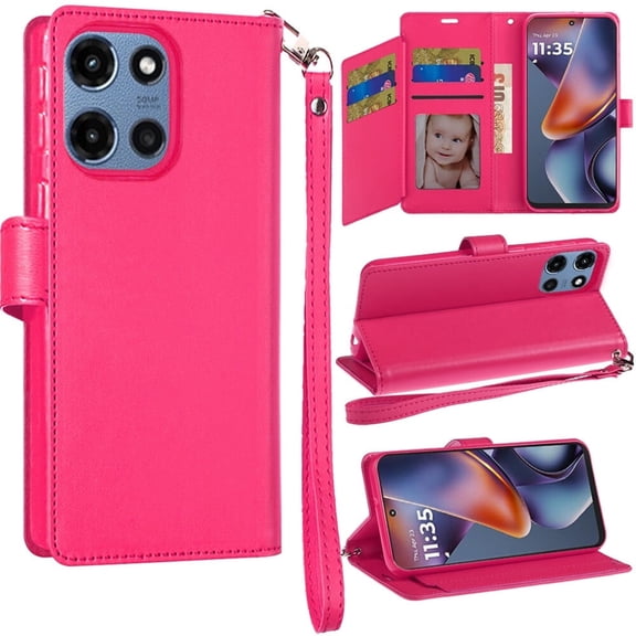 For Motorola Moto G 5G 2025 XT2513V Wallet ID Flip Pouch Cover Phone Case Tempered Glass - Pink