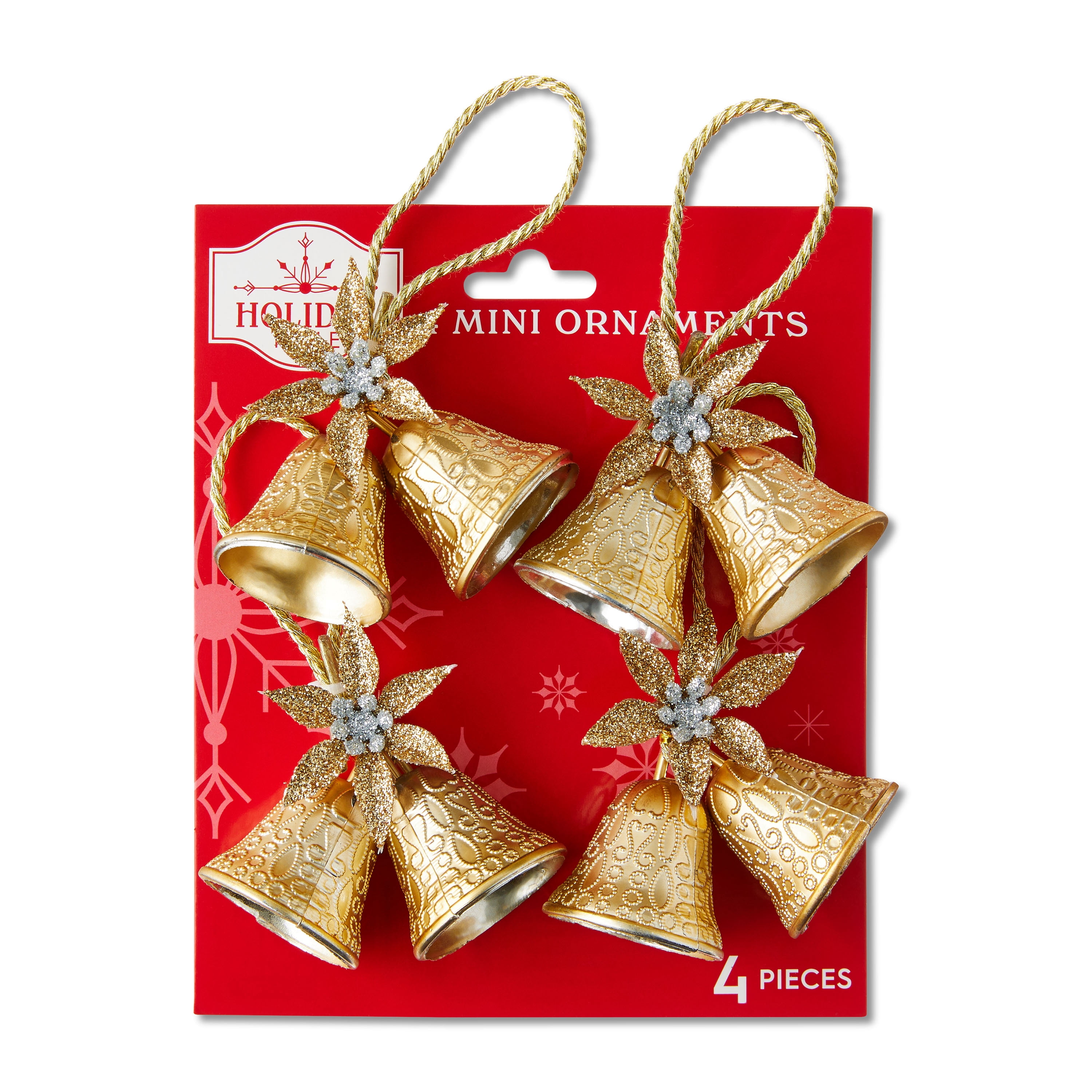 Gold Embossed Mini Double Bell with Poinsettia Christmas Ornament, 4 Count, by Holiday Time