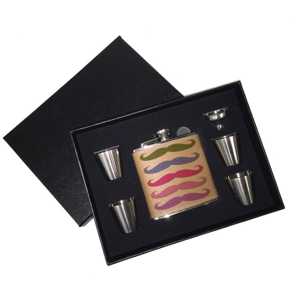 KuzmarK 6 oz. Leather Flask Set in Black Presentation Box -  Colorful Sparkle Mustache Collection
