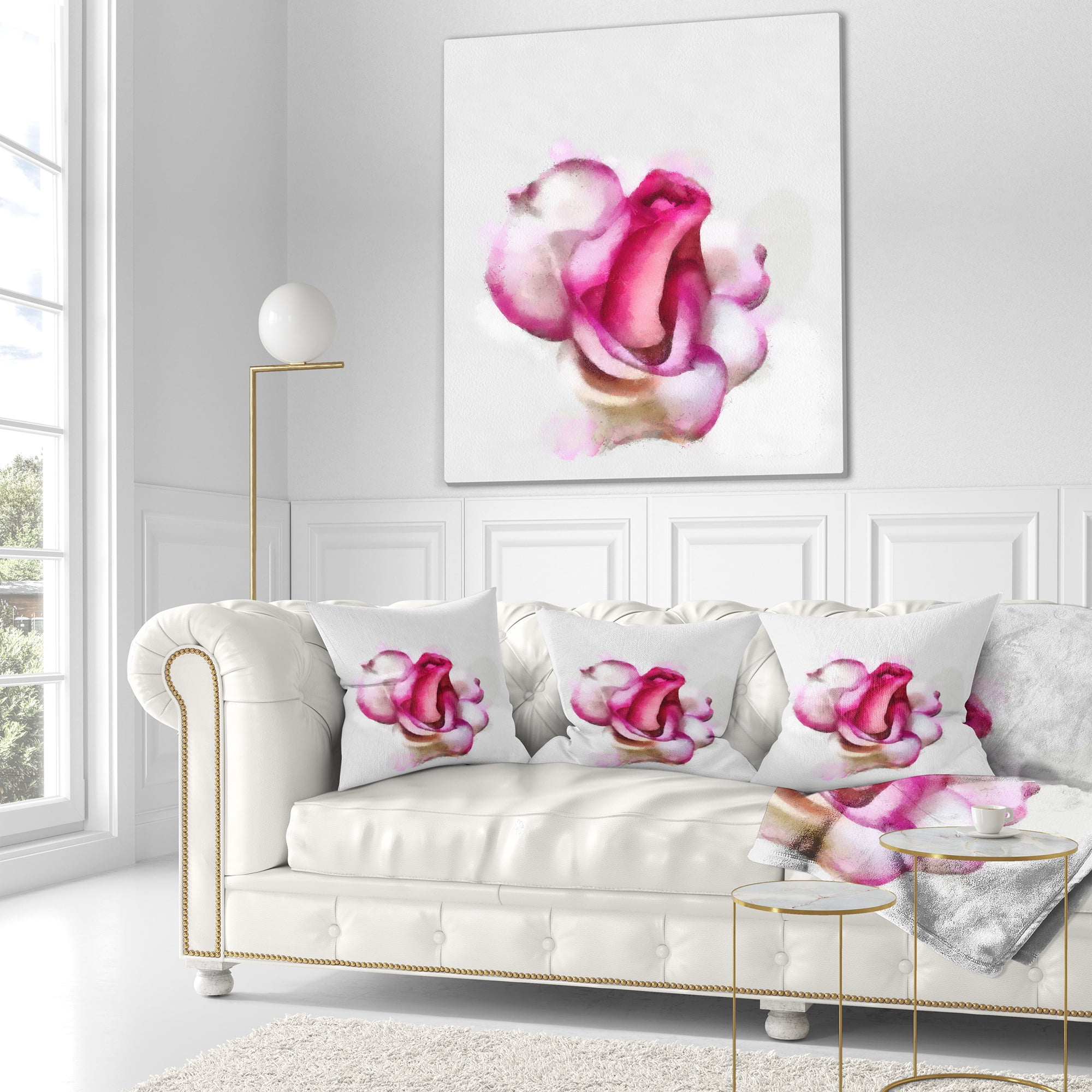 Designart Pink Hand drawn Red Rose on White - Floral Throw Pillow - 16x16