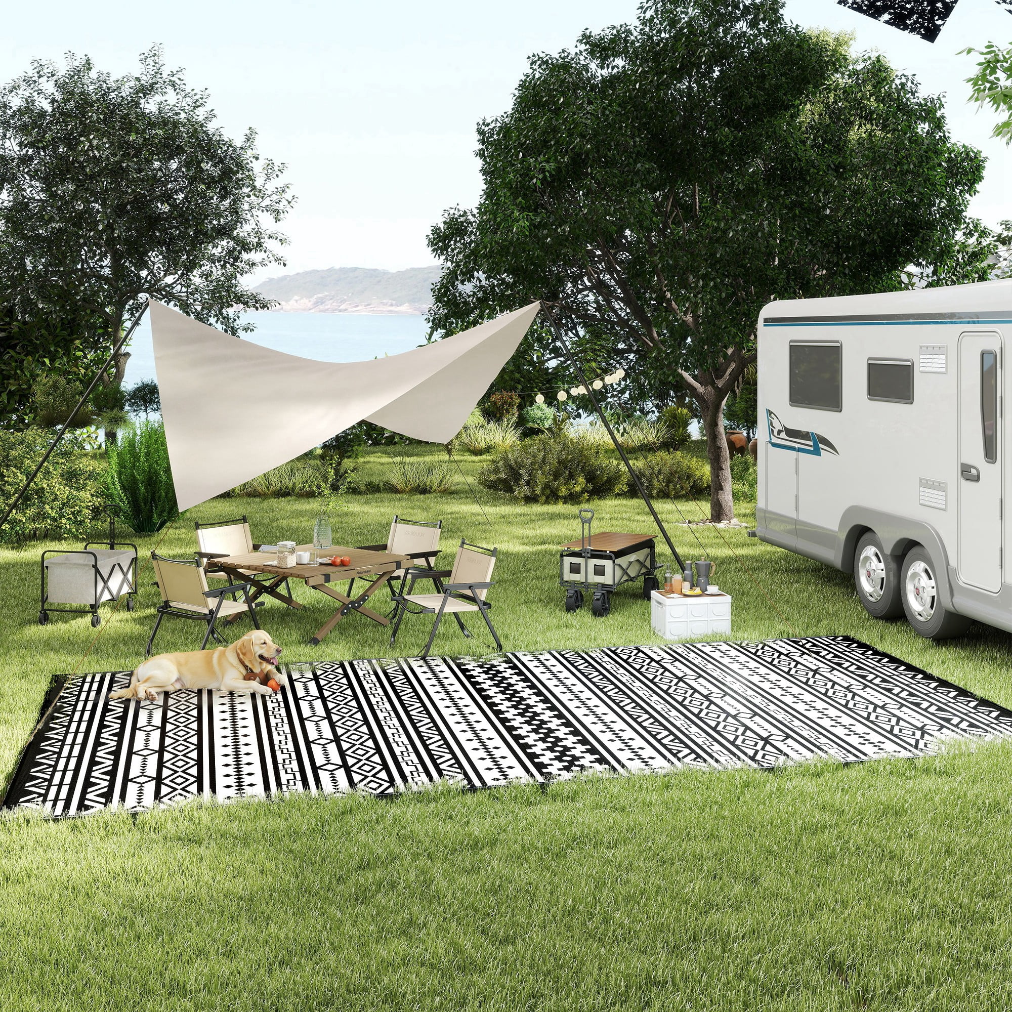 Outsunny Outdoor Patio Rug, Large Camping Carpet with Carrying Bag, 9' x 18' Waterproof Plastic Straw, Reversible, Black & White Geometric Wall