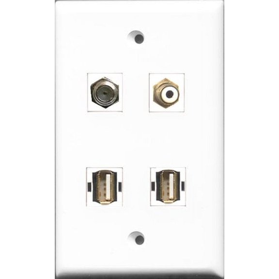 RiteAV 1 Port RCA White and 1 Port Coax Cable TV- F-Type 2 Port USB A-A Wall Plate