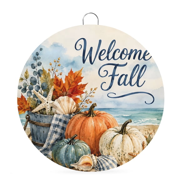 Round Welcome Sign for Front Door, Fall Coastal Pumpkins Hanging Metal Farmhouse Wall Decor for Porch Entryway, Vintage Nautical Ocean Beach Waves Decoration for Holiday Housewarming Gift, 8 in