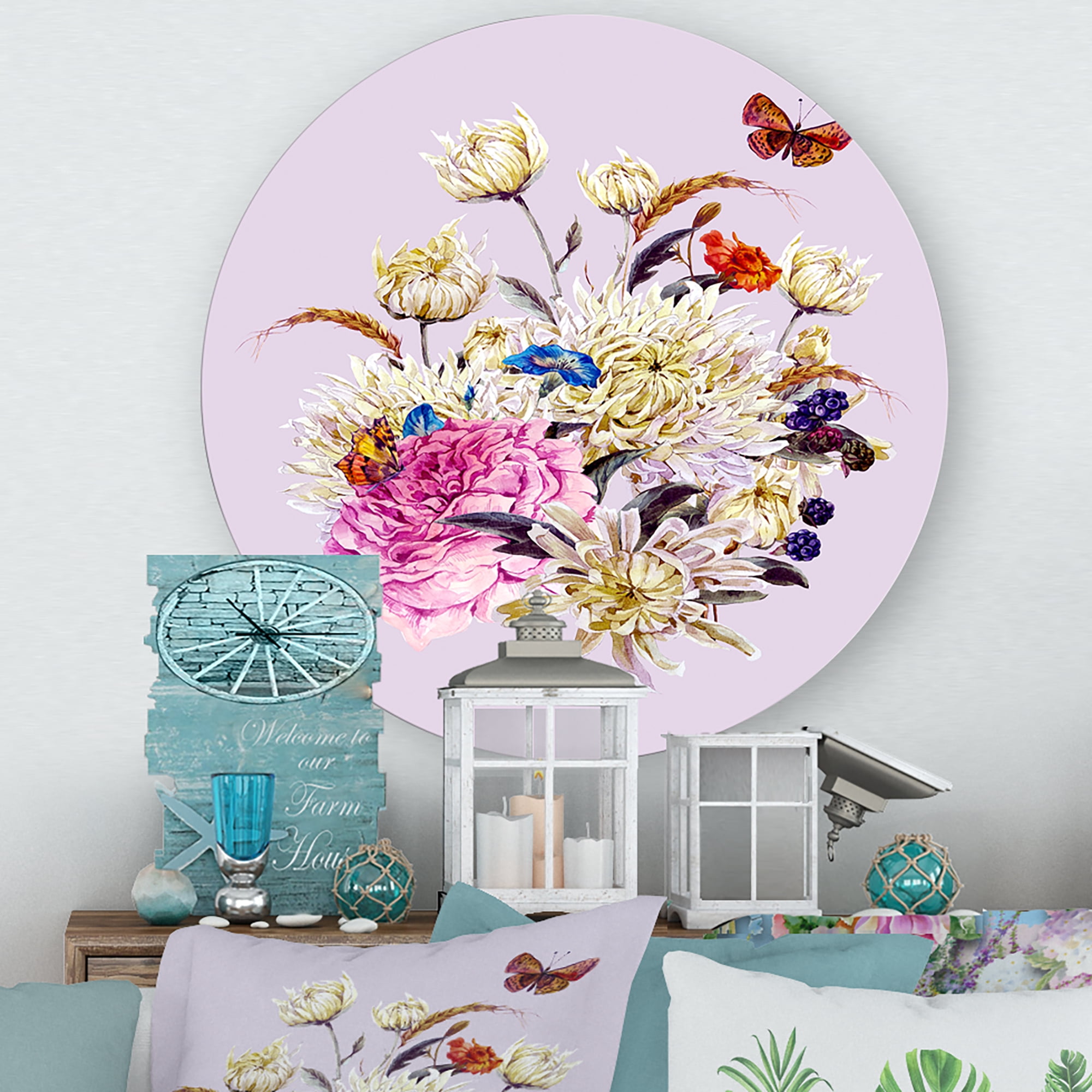 Designart 'Ancient Chrysanthemums With Bouquet I' Traditional Circle Metal Wall Art 23x23 - Disc of 23