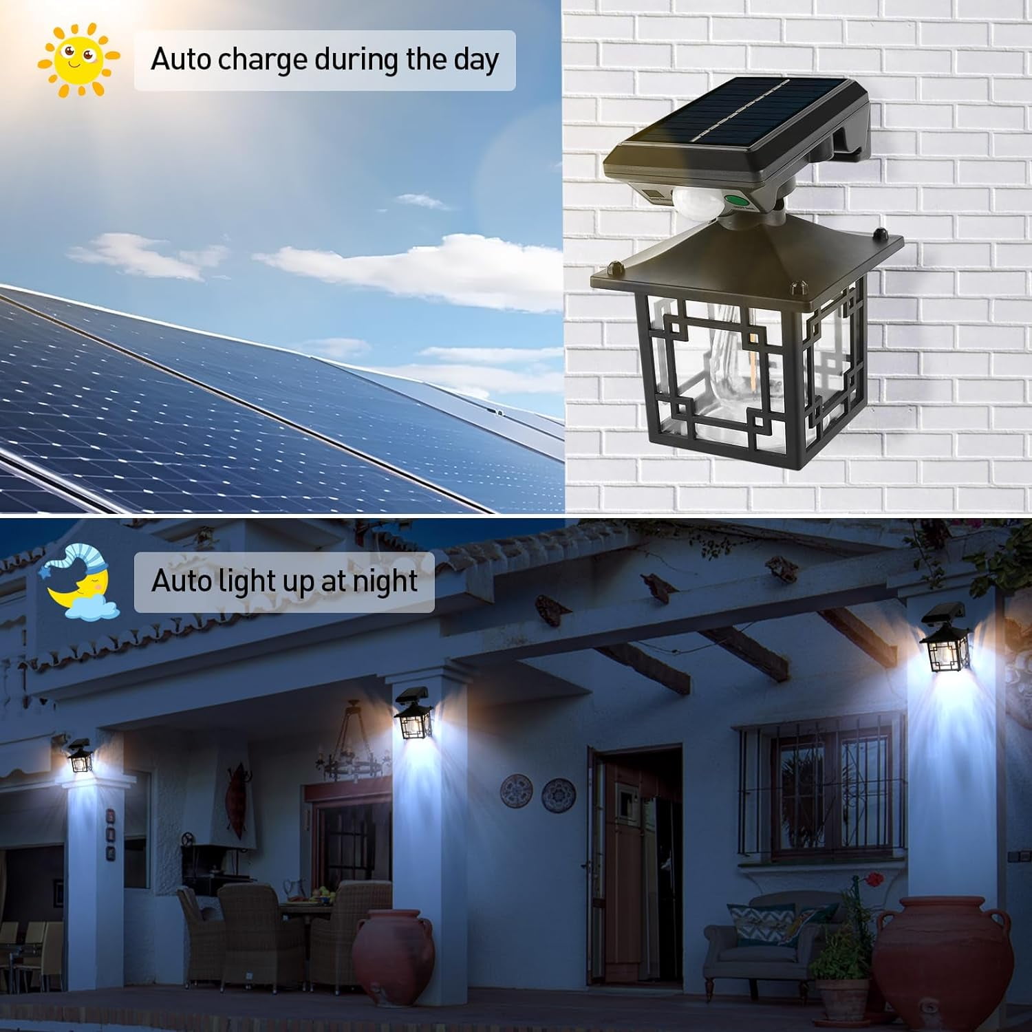 2 Pack Outdoor Wall Light Solar, Motion Sensor Dusk to Dawn Outdoor Porch Lights with 3 Modes IP65 Waterproof Exterior Wall Lanterns for Patio Fence Garage Decorative
