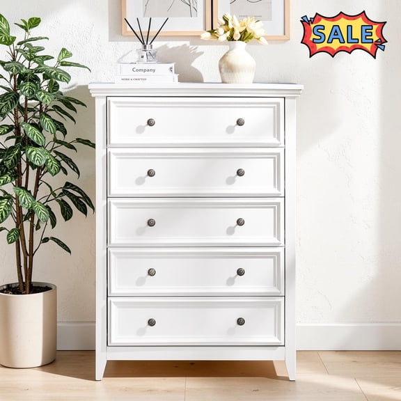 Tcbosik 5 Drawer Dresser for Bedroom, Modern Chest of Drawers for Living Room, Hallway, Entryway, White